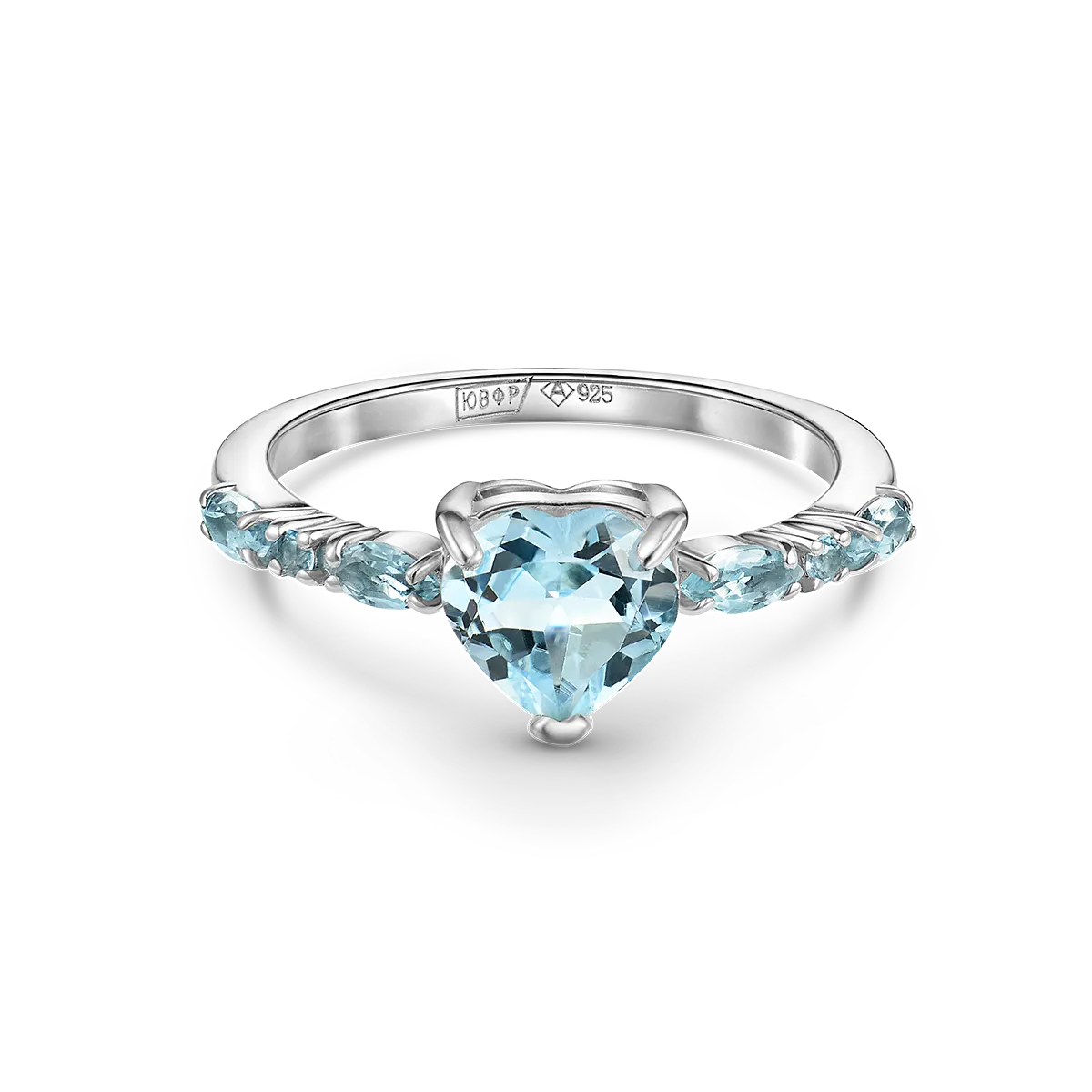 Кольцо с топазом Sky Blue в форме сердца и дорожкой камней
