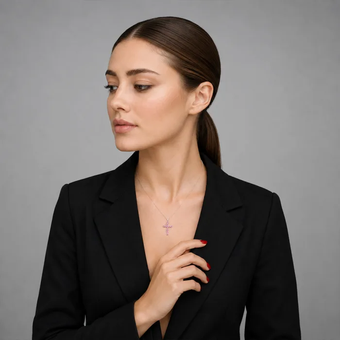 C1SZ31827  Серебряный кулон на цепи с крестиком с розовым и прозрачным кубическим цирконием
